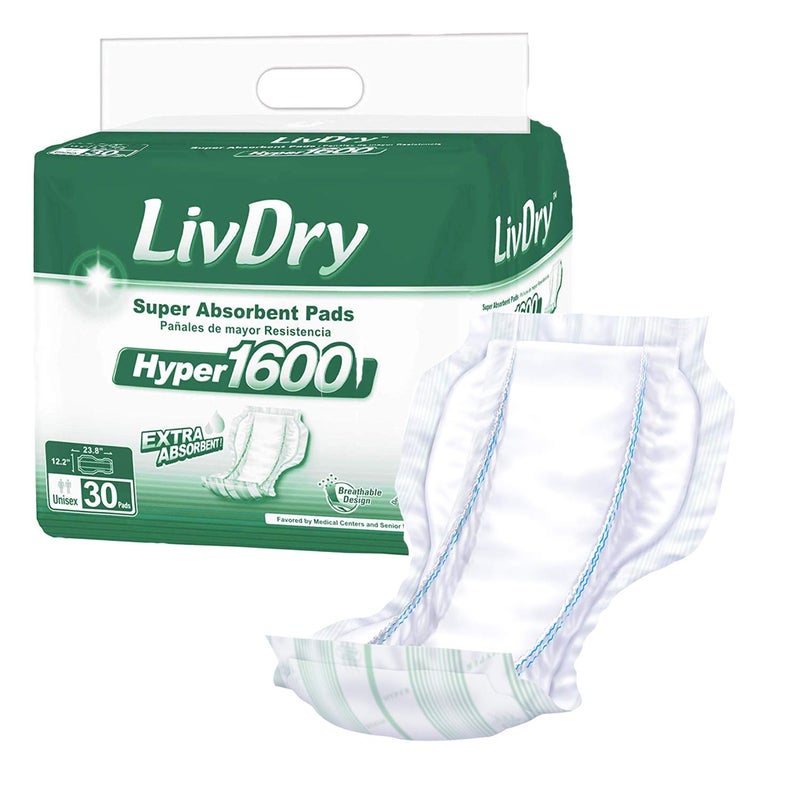 LivDry High Absorbency Pad Insert for Incontinence Briefs and Adult Diapers Women and Men Hyper 1600 30 Count